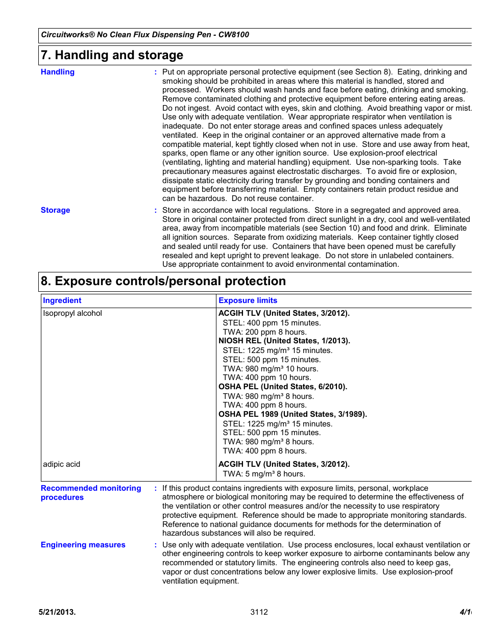 Handling and storage, Exposure controls/personal protection | Chemtronics CircuitWorks® No Clean Flux Dispensing Pen CW8100 User Manual | Page 4 / 10