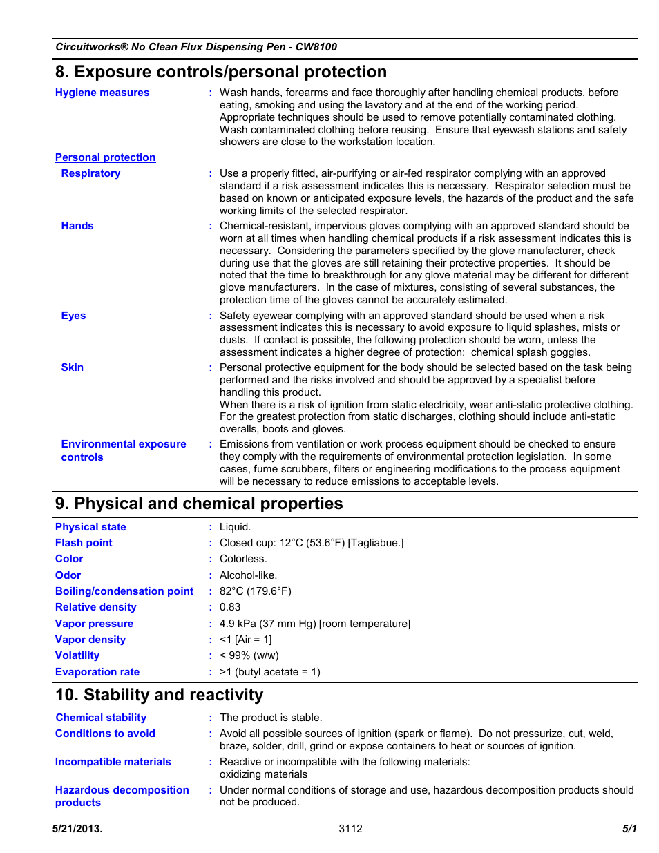 Exposure controls/personal protection, Physical and chemical properties, Stability and reactivity | Chemtronics CircuitWorks® No Clean Flux Dispensing Pen CW8100 User Manual | Page 5 / 10