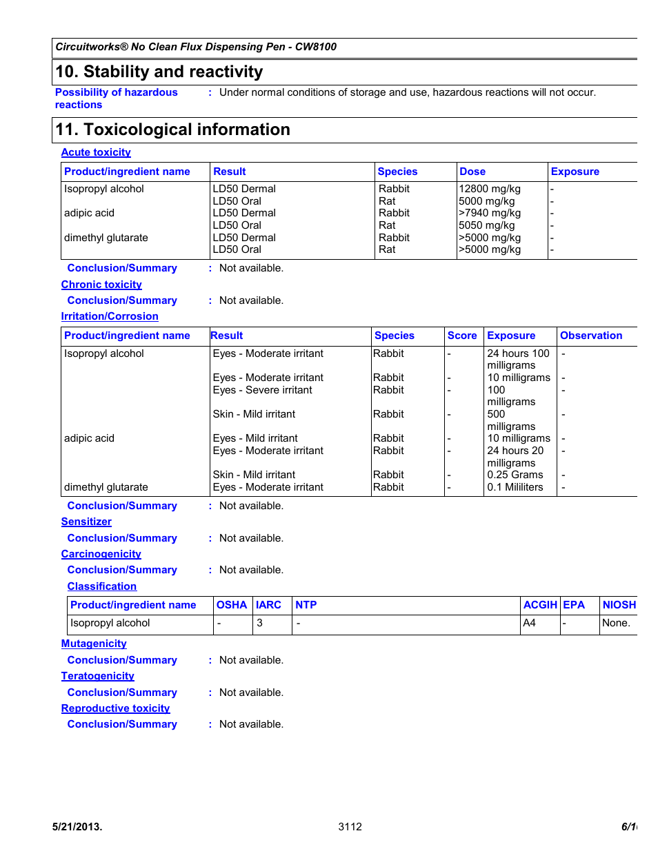 Stability and reactivity, Toxicological information | Chemtronics CircuitWorks® No Clean Flux Dispensing Pen CW8100 User Manual | Page 6 / 10
