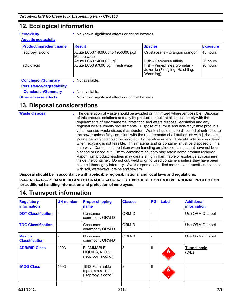 Ecological information, Disposal considerations, Transport information | Chemtronics CircuitWorks® No Clean Flux Dispensing Pen CW8100 User Manual | Page 7 / 10