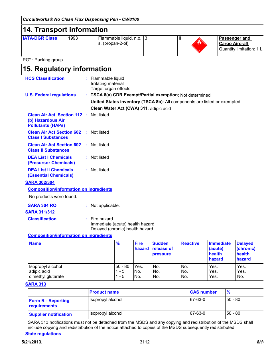 Transport information, Regulatory information | Chemtronics CircuitWorks® No Clean Flux Dispensing Pen CW8100 User Manual | Page 8 / 10