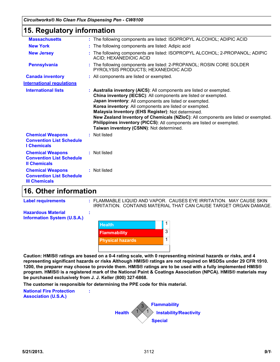 Regulatory information, Other information | Chemtronics CircuitWorks® No Clean Flux Dispensing Pen CW8100 User Manual | Page 9 / 10