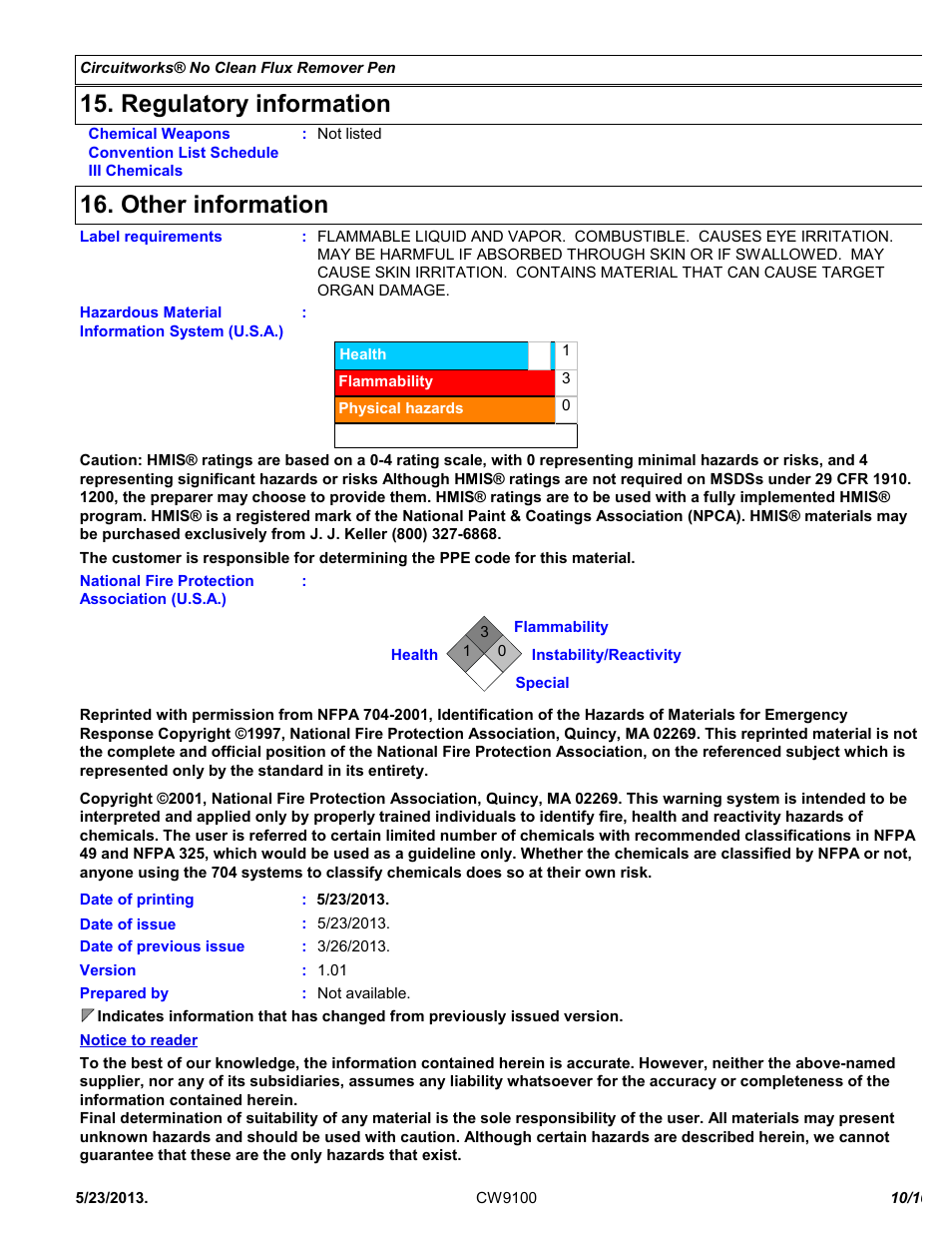 Regulatory information, Other information | Chemtronics CircuitWorks® No Clean Flux Remover Pen CW9100 User Manual | Page 10 / 10