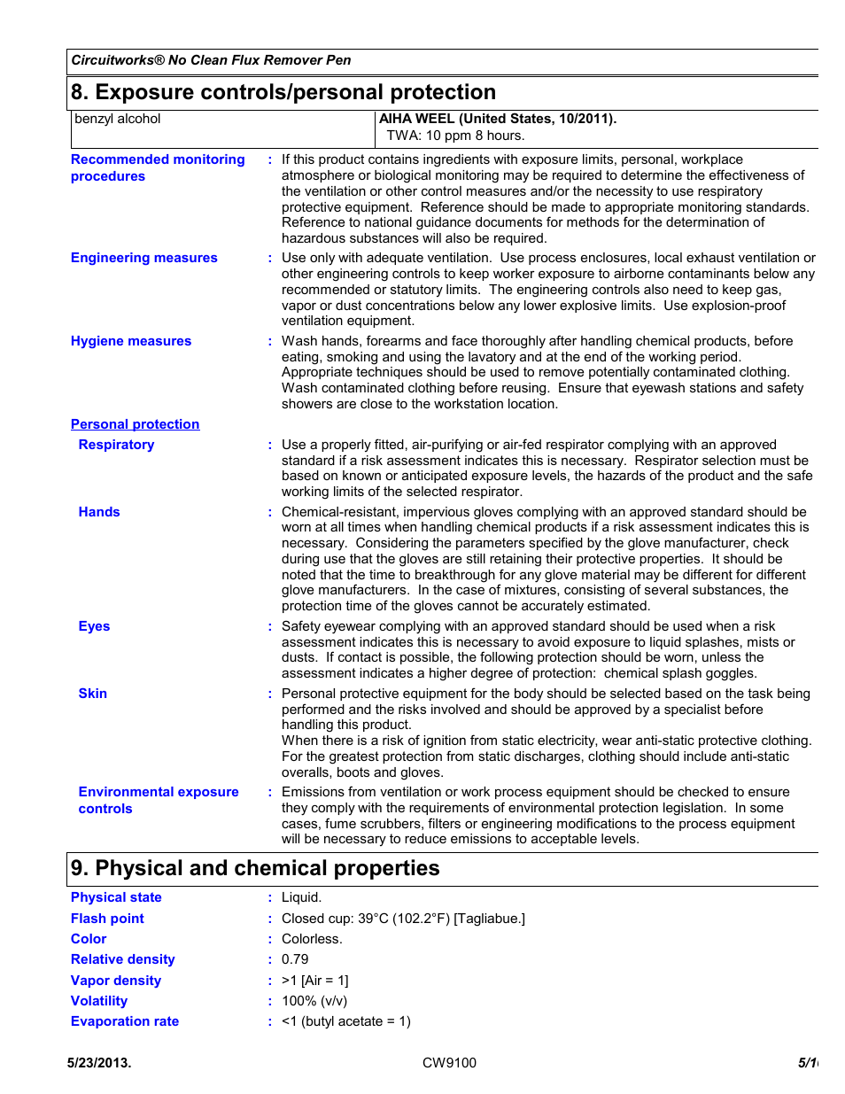 Exposure controls/personal protection, Physical and chemical properties | Chemtronics CircuitWorks® No Clean Flux Remover Pen CW9100 User Manual | Page 5 / 10