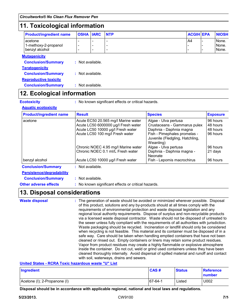Toxicological information, Ecological information, Disposal considerations | Chemtronics CircuitWorks® No Clean Flux Remover Pen CW9100 User Manual | Page 7 / 10