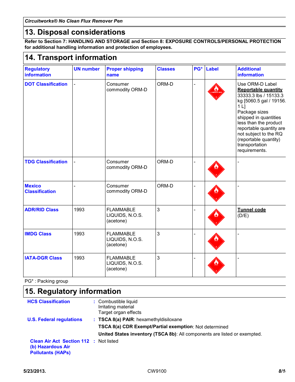 Disposal considerations, Transport information, Regulatory information | Chemtronics CircuitWorks® No Clean Flux Remover Pen CW9100 User Manual | Page 8 / 10