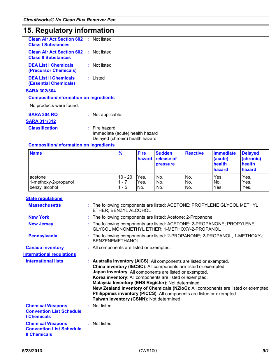 Regulatory information | Chemtronics CircuitWorks® No Clean Flux Remover Pen CW9100 User Manual | Page 9 / 10