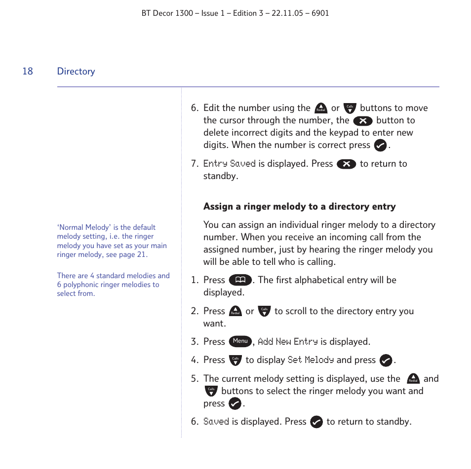 Entry saved, Add new entry, Set melody | Saved | BT Decor 1300 User Manual | Page 18 / 40