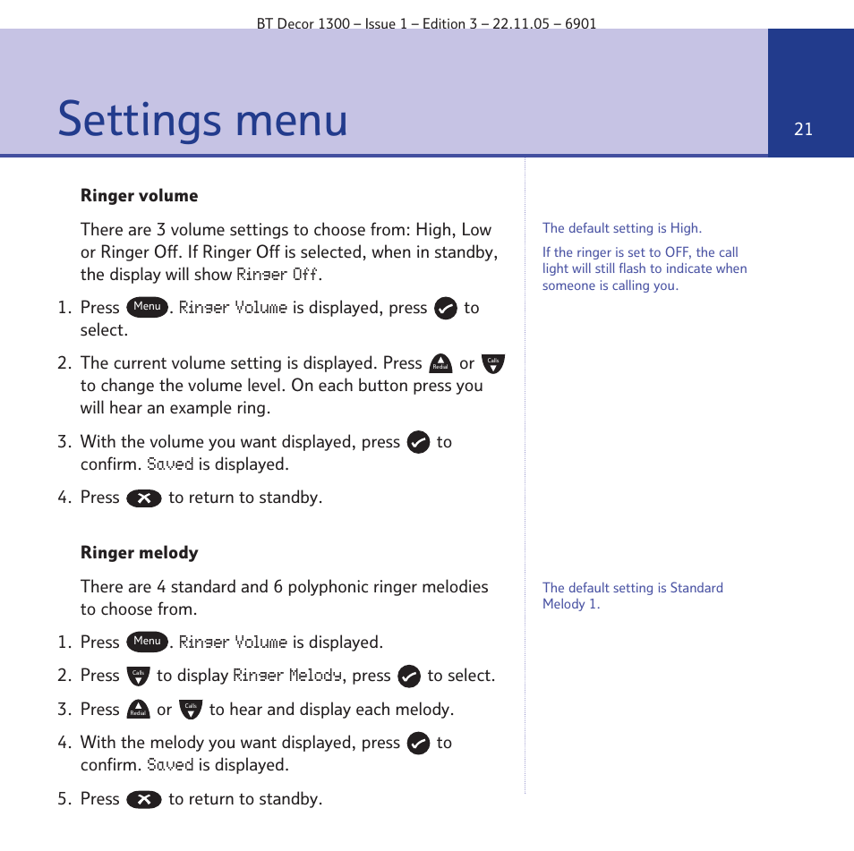 Settings menu | BT Decor 1300 User Manual | Page 21 / 40