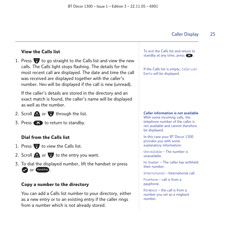 25 caller display | BT Decor 1300 User Manual | Page 25 / 40