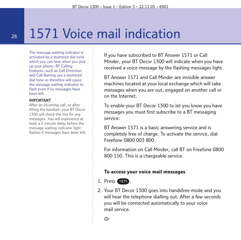 1571 voice mail indication | BT Decor 1300 User Manual | Page 28 / 40