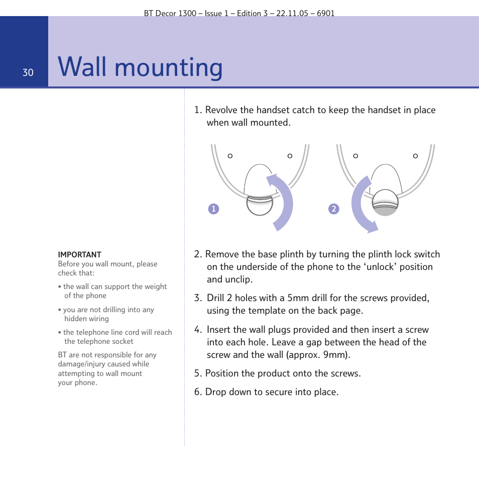 Wall mounting | BT Decor 1300 User Manual | Page 30 / 40