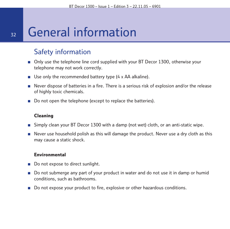 General information, Safety information | BT Decor 1300 User Manual | Page 32 / 40