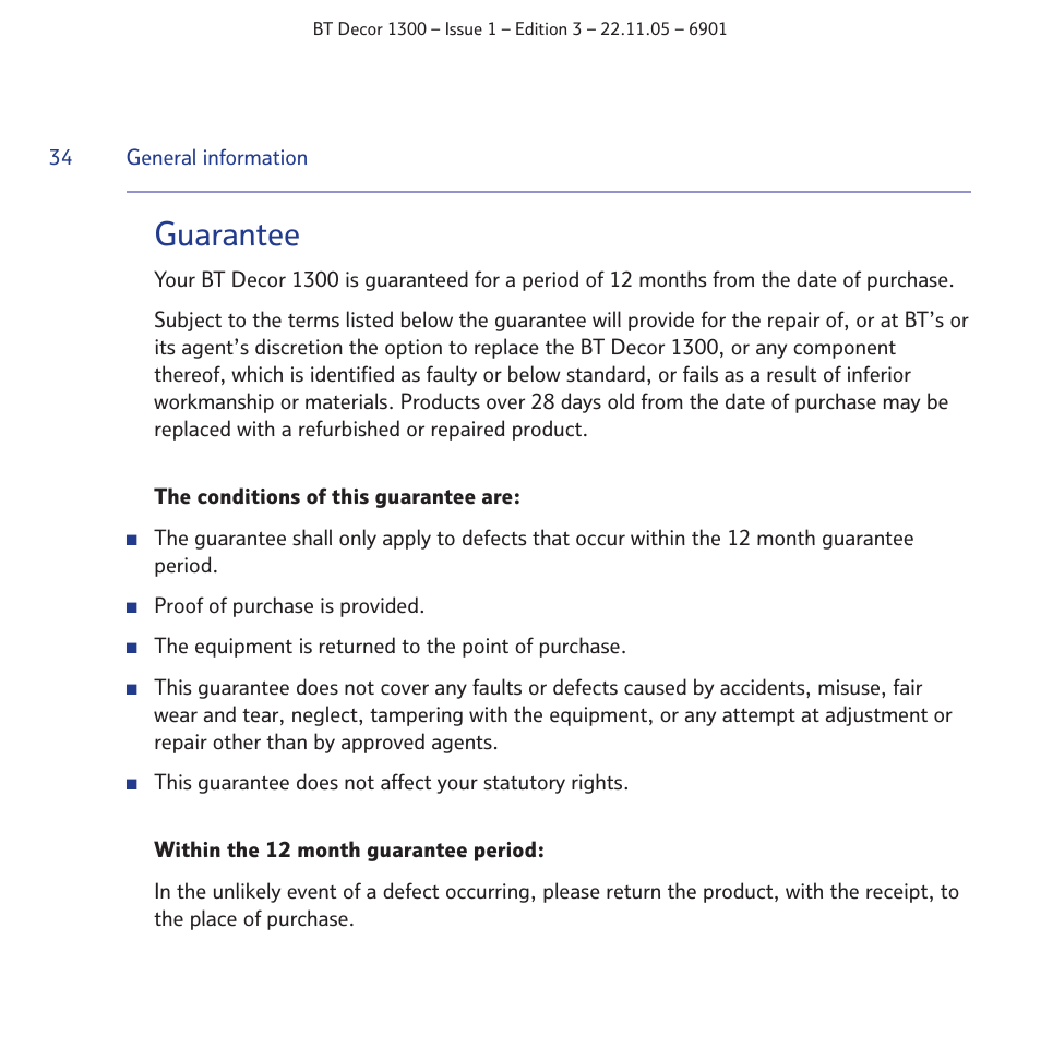 Guarantee | BT Decor 1300 User Manual | Page 34 / 40