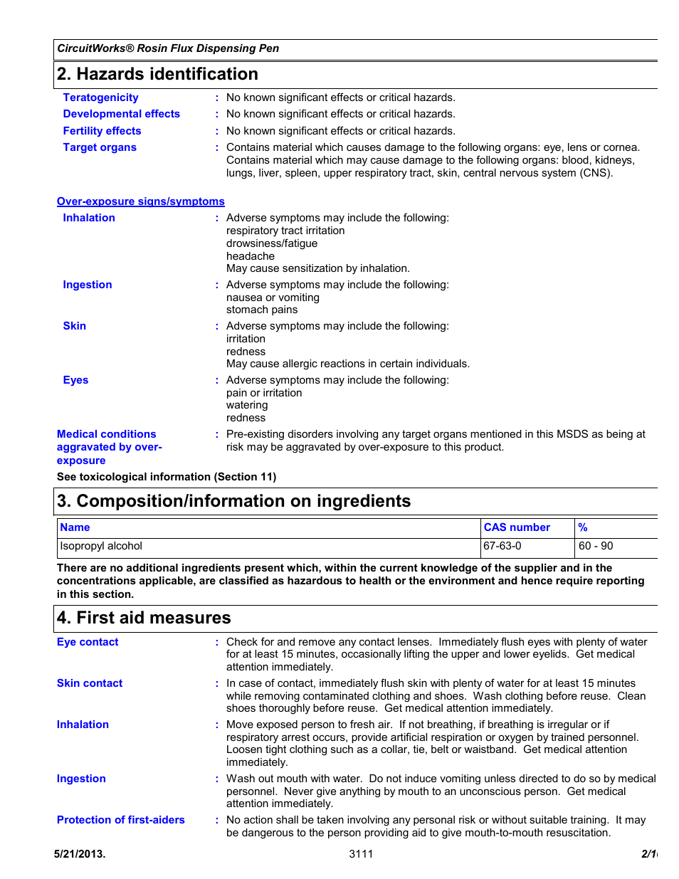 Hazards identification, Composition/information on ingredients, First aid measures | Chemtronics CircuitWorks® Rosin Flux Dispensing Pen CW8200 User Manual | Page 2 / 10
