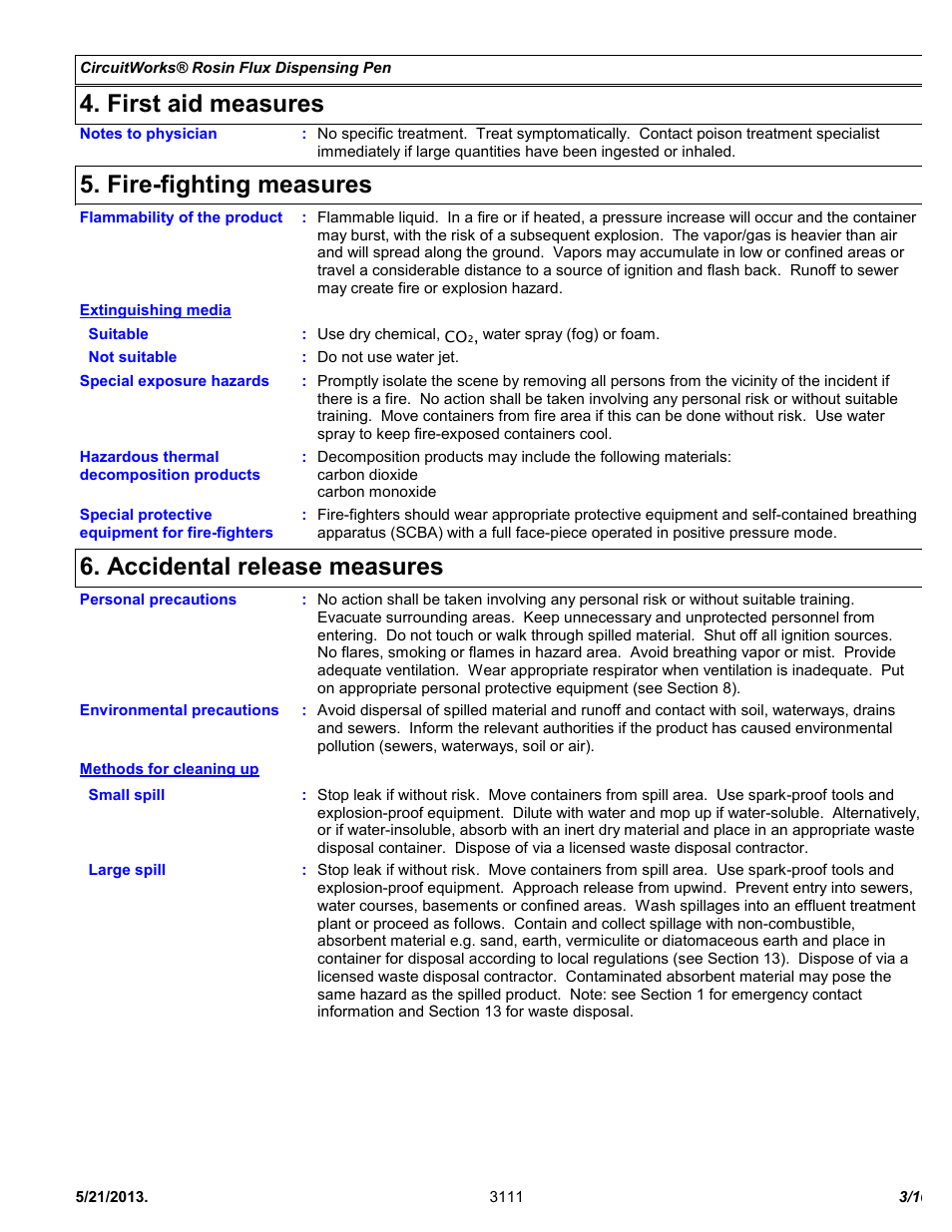 First aid measures, Fire-fighting measures, Accidental release measures | Chemtronics CircuitWorks® Rosin Flux Dispensing Pen CW8200 User Manual | Page 3 / 10