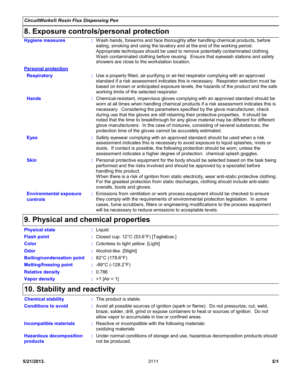 Exposure controls/personal protection, Physical and chemical properties, Stability and reactivity | Chemtronics CircuitWorks® Rosin Flux Dispensing Pen CW8200 User Manual | Page 5 / 10