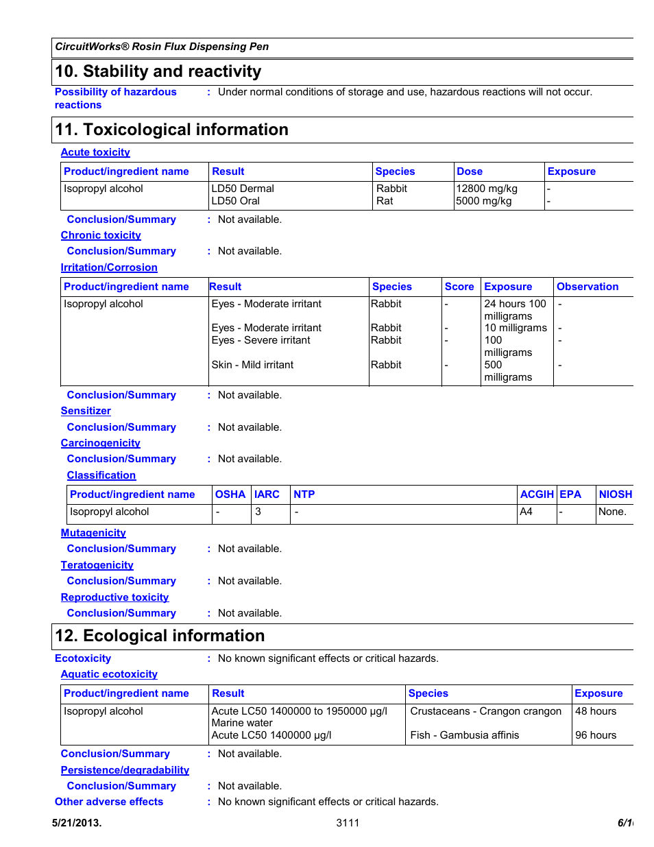 Stability and reactivity, Toxicological information, Ecological information | Chemtronics CircuitWorks® Rosin Flux Dispensing Pen CW8200 User Manual | Page 6 / 10