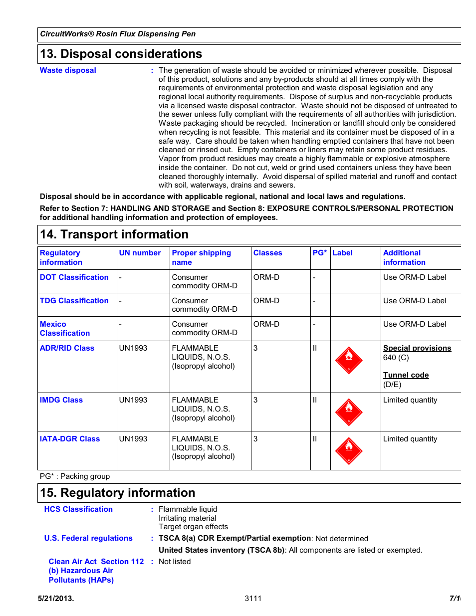 Disposal considerations, Transport information, Regulatory information | Chemtronics CircuitWorks® Rosin Flux Dispensing Pen CW8200 User Manual | Page 7 / 10