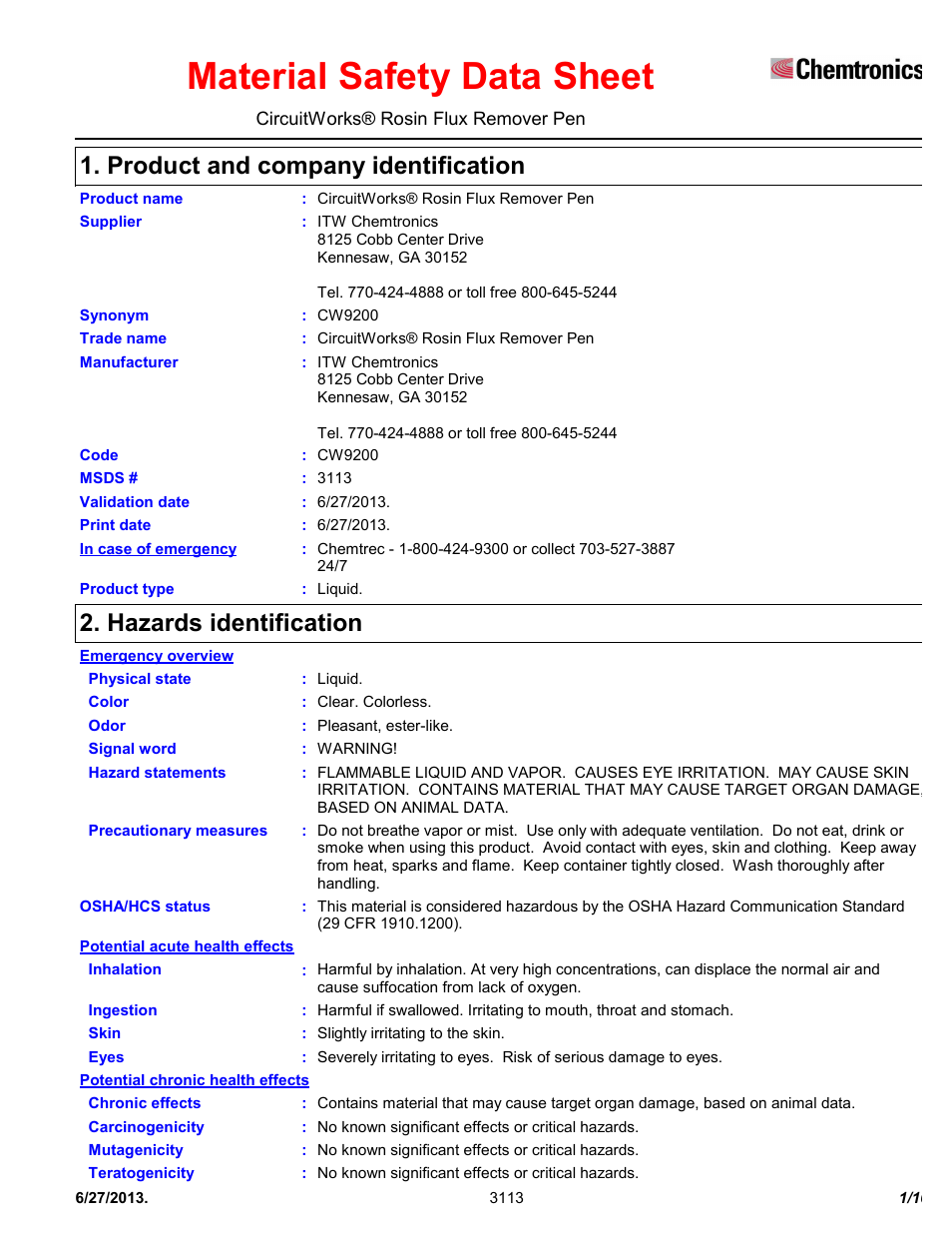Chemtronics CircuitWorks® Rosin Flux Remover Pen CW9200 User Manual | 10 pages