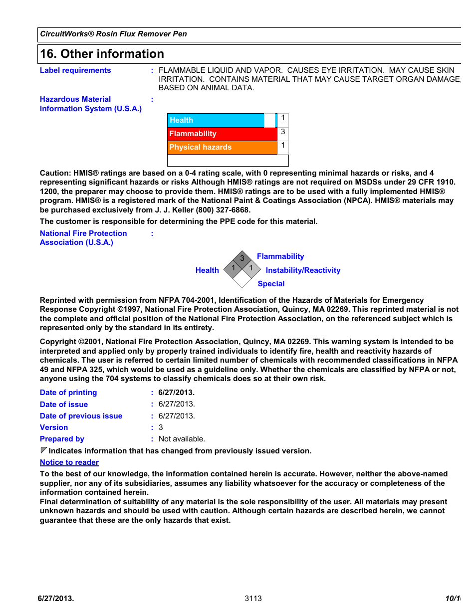 Other information | Chemtronics CircuitWorks® Rosin Flux Remover Pen CW9200 User Manual | Page 10 / 10