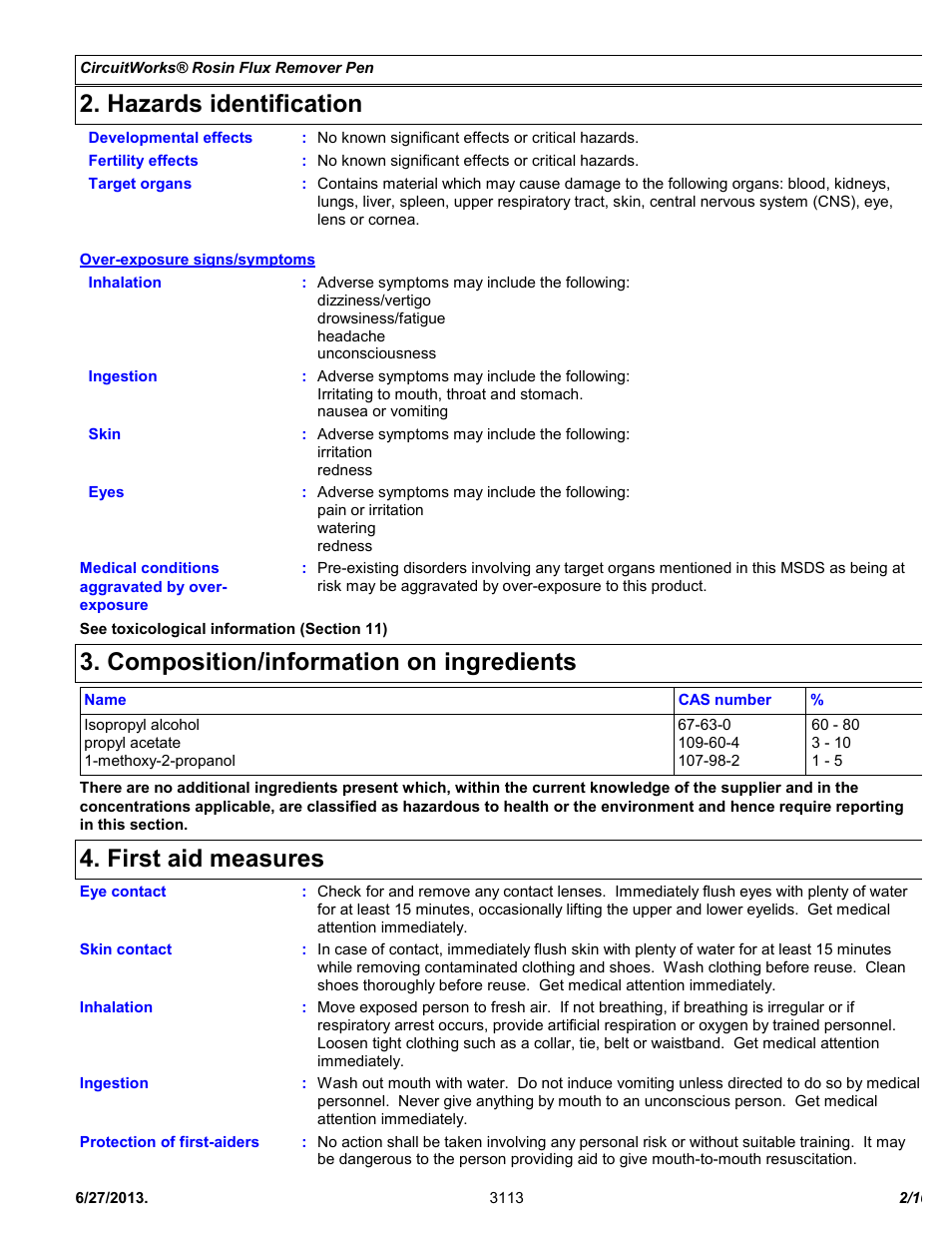 Hazards identification, Composition/information on ingredients, First aid measures | Chemtronics CircuitWorks® Rosin Flux Remover Pen CW9200 User Manual | Page 2 / 10