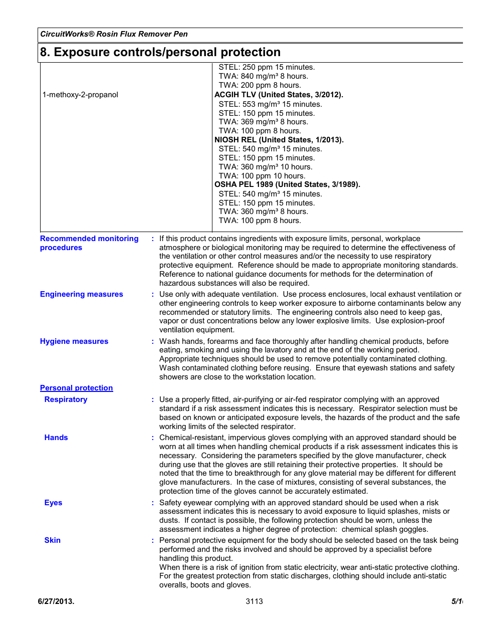 Exposure controls/personal protection | Chemtronics CircuitWorks® Rosin Flux Remover Pen CW9200 User Manual | Page 5 / 10