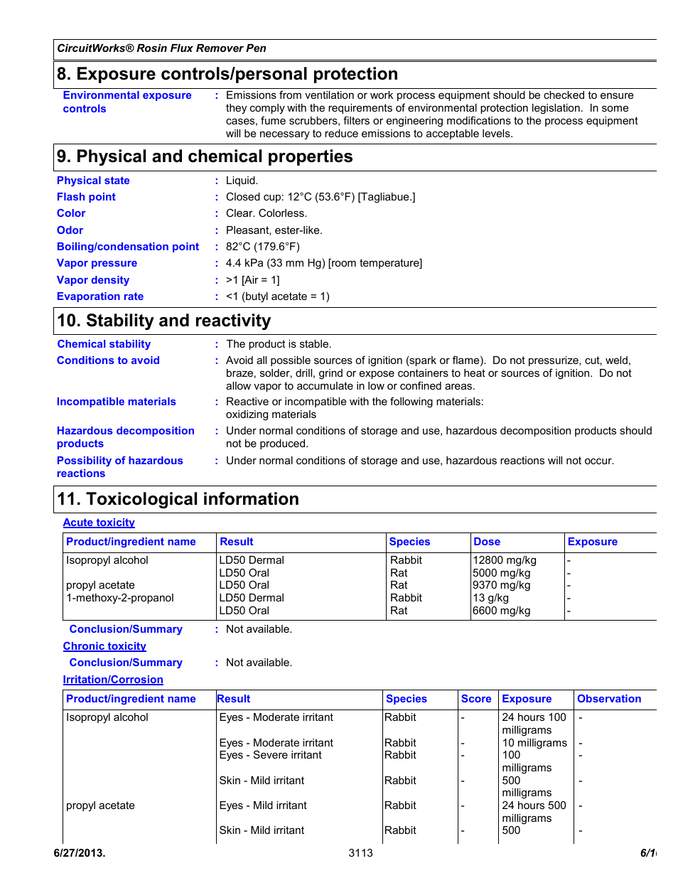 Exposure controls/personal protection, Physical and chemical properties, Stability and reactivity | Toxicological information | Chemtronics CircuitWorks® Rosin Flux Remover Pen CW9200 User Manual | Page 6 / 10