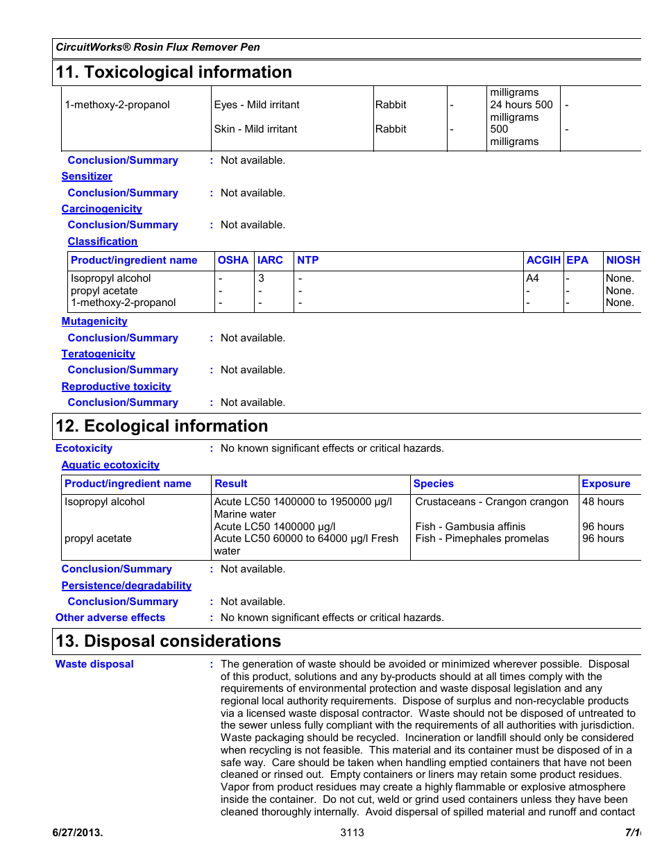 Toxicological information, Ecological information, Disposal considerations | Chemtronics CircuitWorks® Rosin Flux Remover Pen CW9200 User Manual | Page 7 / 10