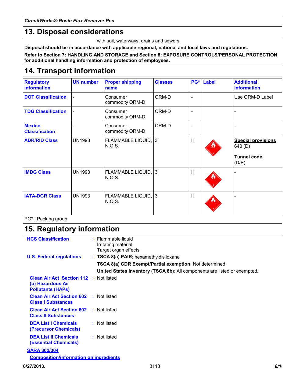 Disposal considerations, Transport information, Regulatory information | Chemtronics CircuitWorks® Rosin Flux Remover Pen CW9200 User Manual | Page 8 / 10