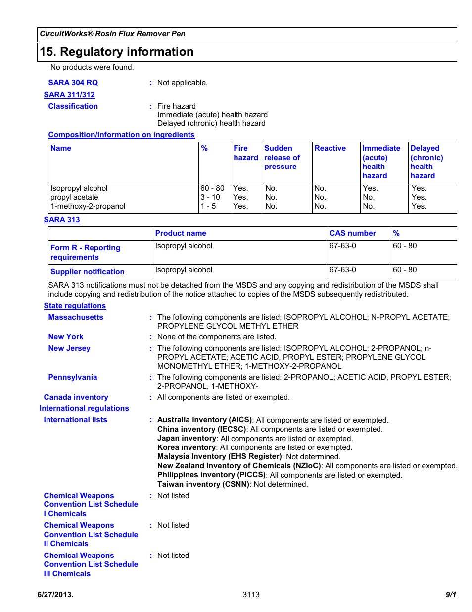 Regulatory information | Chemtronics CircuitWorks® Rosin Flux Remover Pen CW9200 User Manual | Page 9 / 10