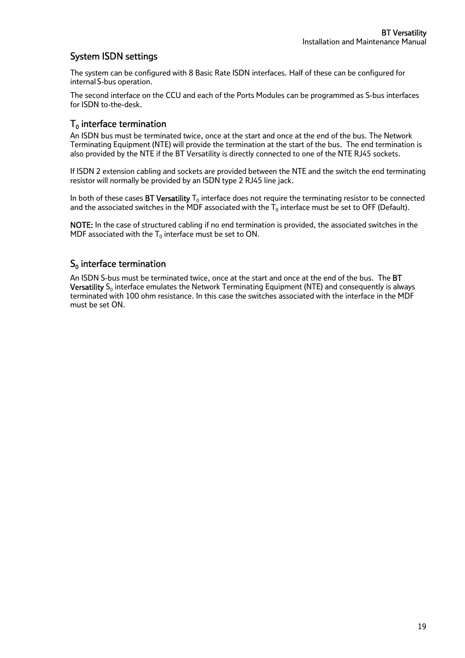 System isdn settings, Interface termination | BT Versatility User Manual | Page 20 / 59