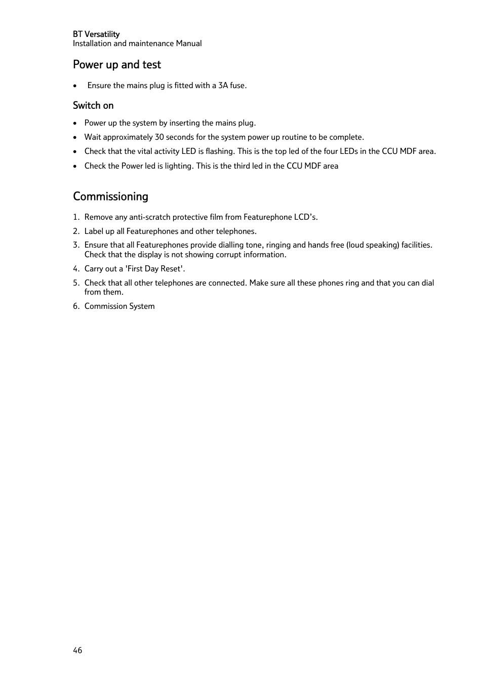 Power up and test, Commissioning | BT Versatility User Manual | Page 47 / 59