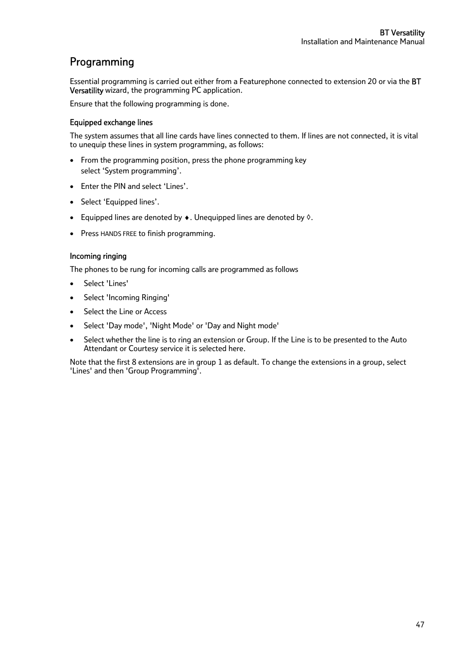Programming | BT Versatility User Manual | Page 48 / 59