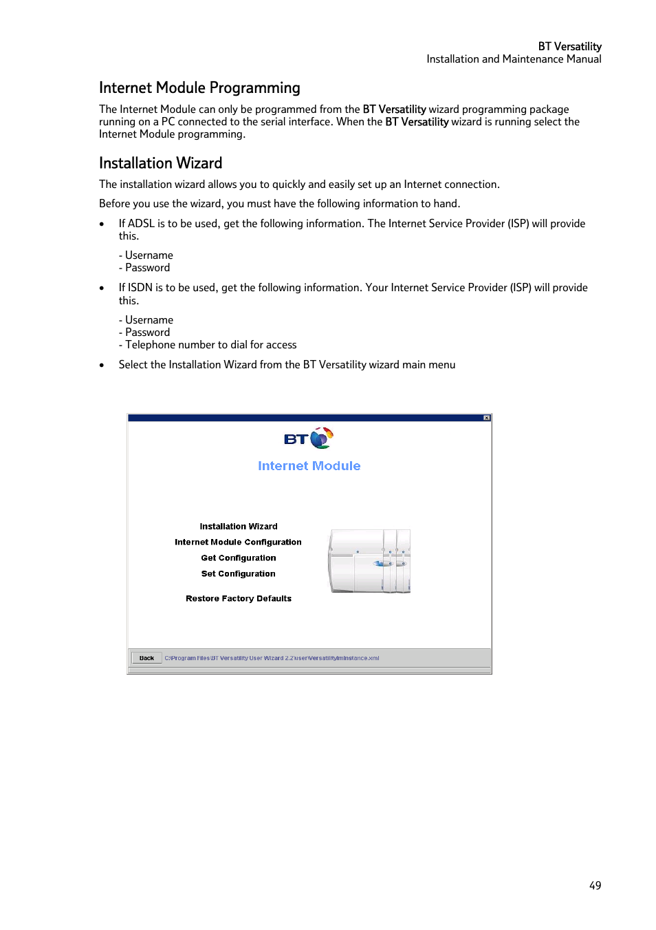 Internet module programming, Installation wizard | BT Versatility User Manual | Page 50 / 59