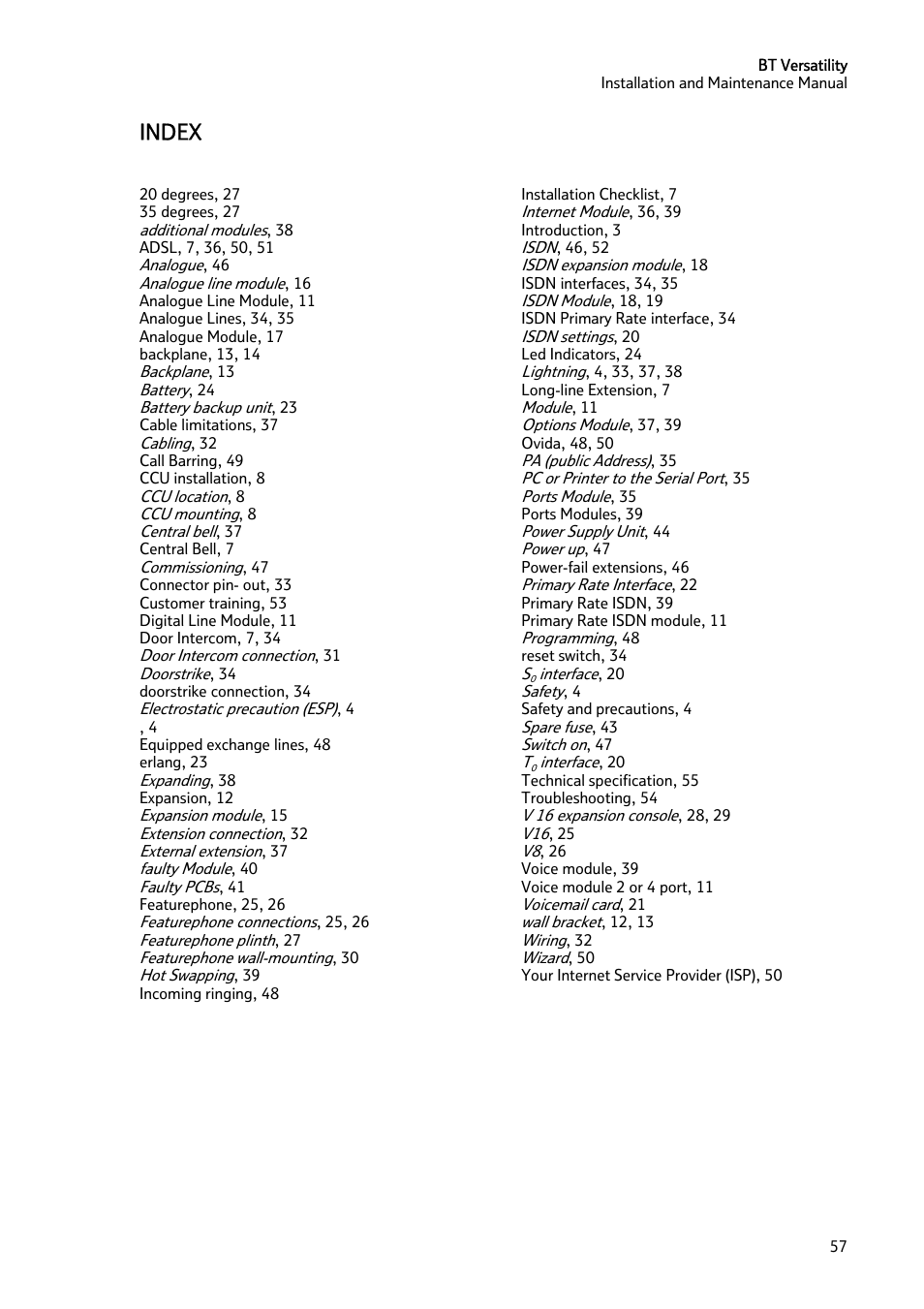 Index | BT Versatility User Manual | Page 58 / 59