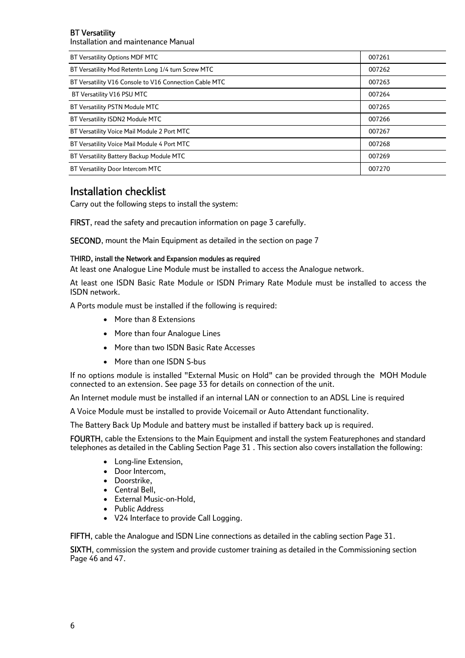 Installation checklist | BT Versatility User Manual | Page 7 / 59