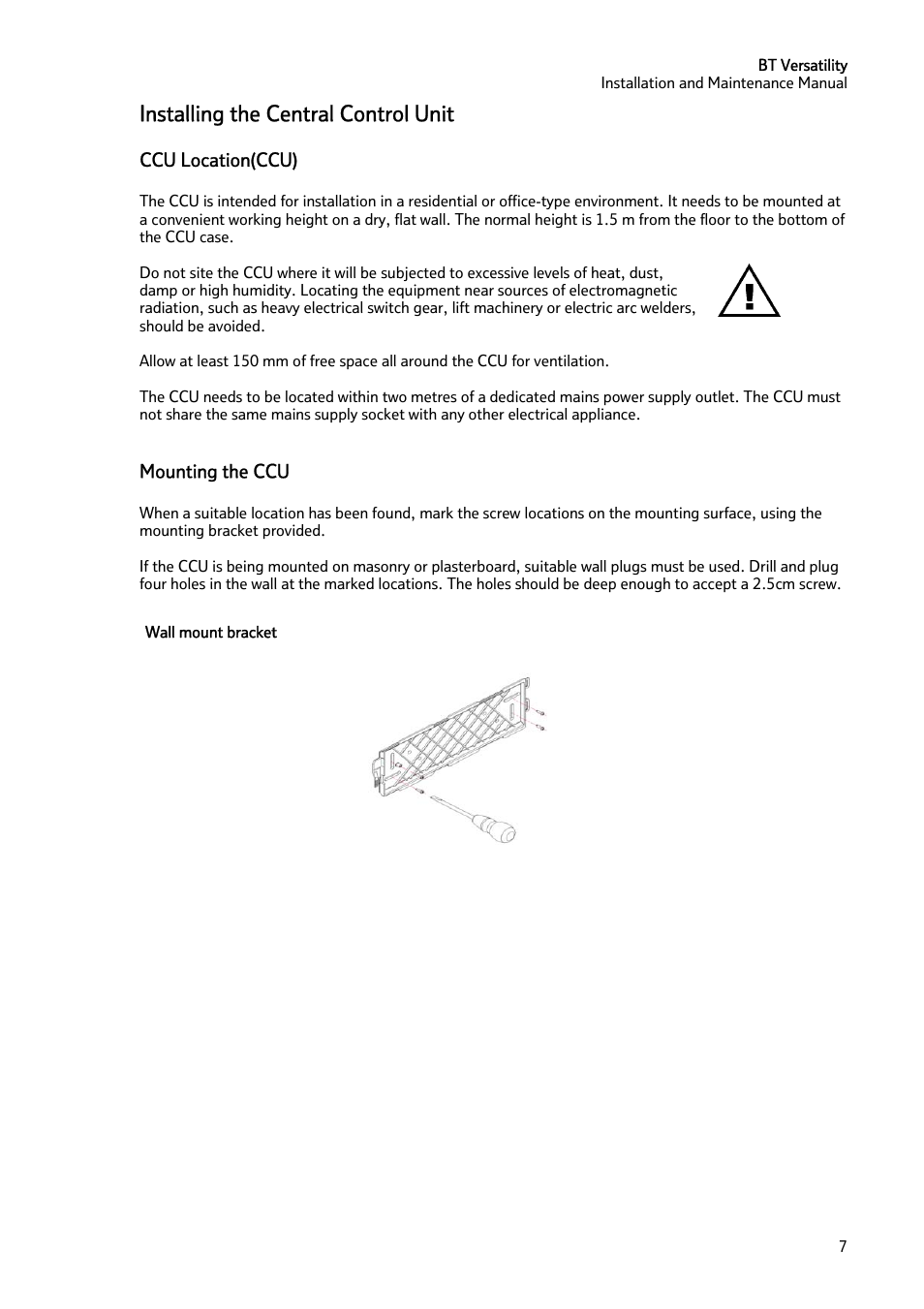 Installing the central control unit | BT Versatility User Manual | Page 8 / 59