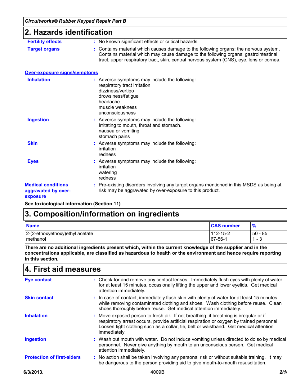 Hazards identification, Composition/information on ingredients, First aid measures | Chemtronics CircuitWorks® Rubber Keypad Repair Kit CW2605 User Manual | Page 2 / 10