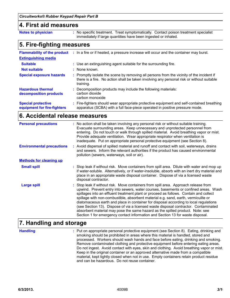 First aid measures, Fire-fighting measures, Accidental release measures | Handling and storage | Chemtronics CircuitWorks® Rubber Keypad Repair Kit CW2605 User Manual | Page 3 / 10