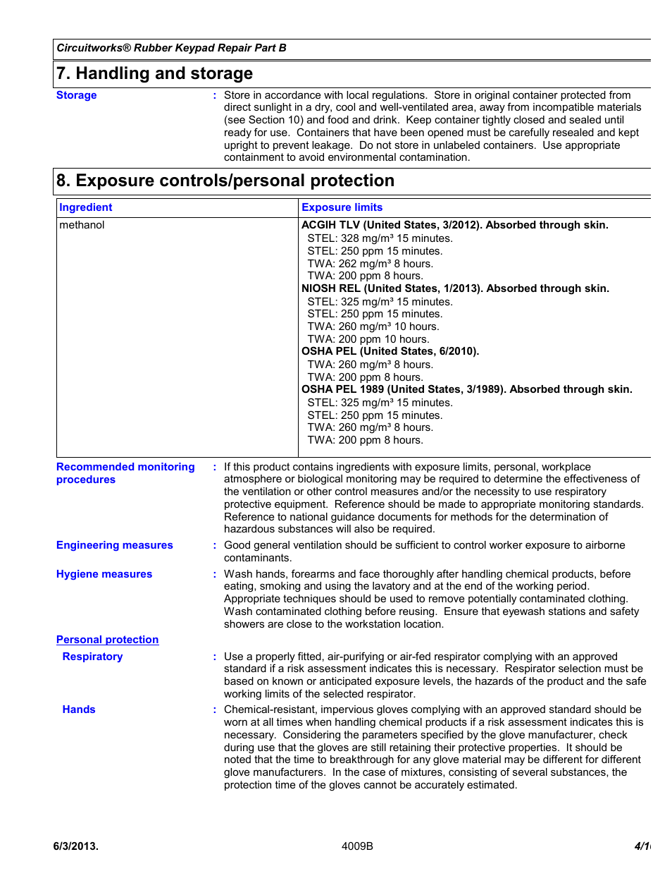 Handling and storage, Exposure controls/personal protection | Chemtronics CircuitWorks® Rubber Keypad Repair Kit CW2605 User Manual | Page 4 / 10