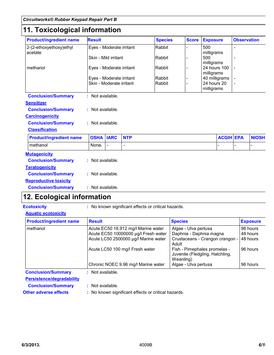 Toxicological information, Ecological information | Chemtronics CircuitWorks® Rubber Keypad Repair Kit CW2605 User Manual | Page 6 / 10
