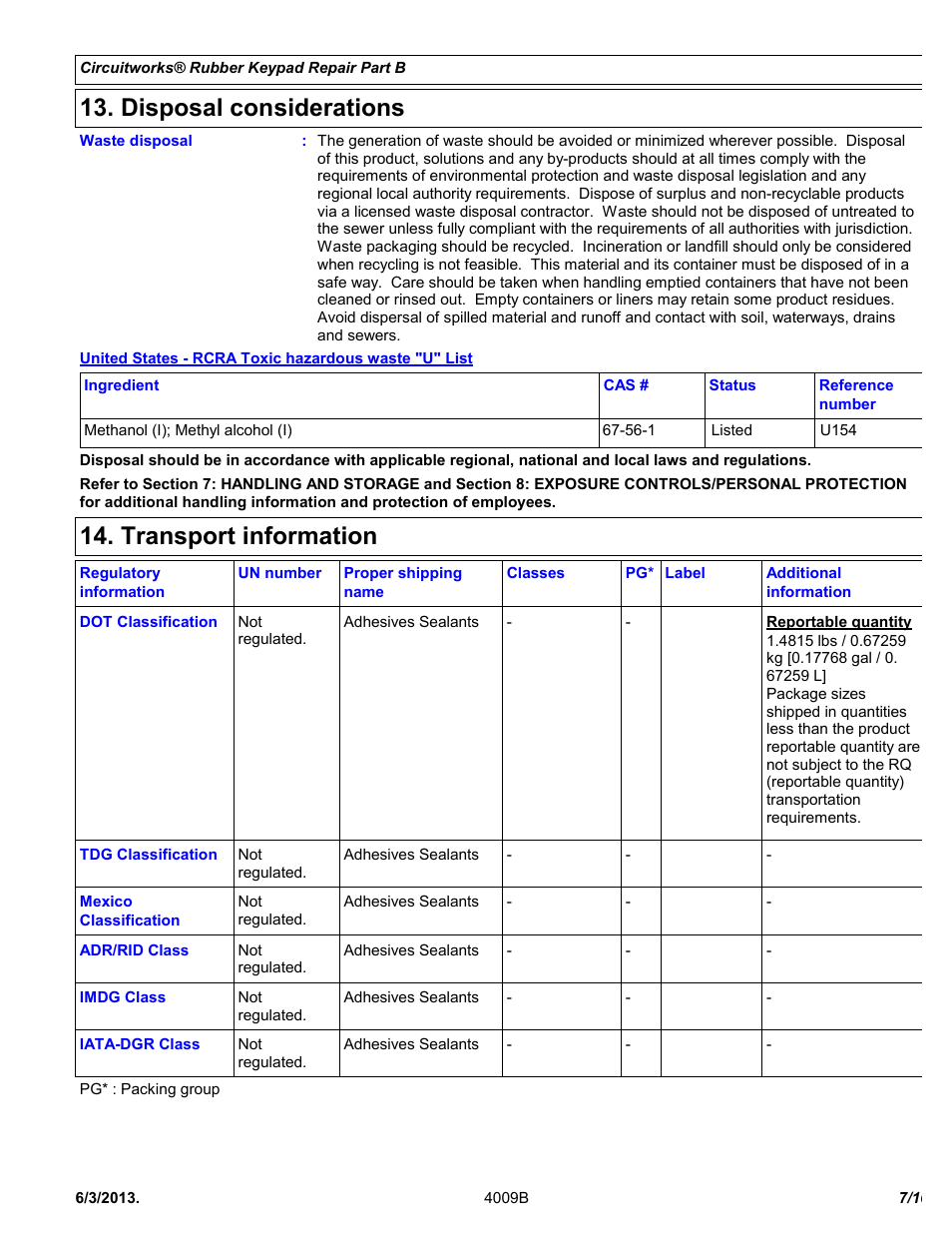 Disposal considerations, Transport information | Chemtronics CircuitWorks® Rubber Keypad Repair Kit CW2605 User Manual | Page 7 / 10