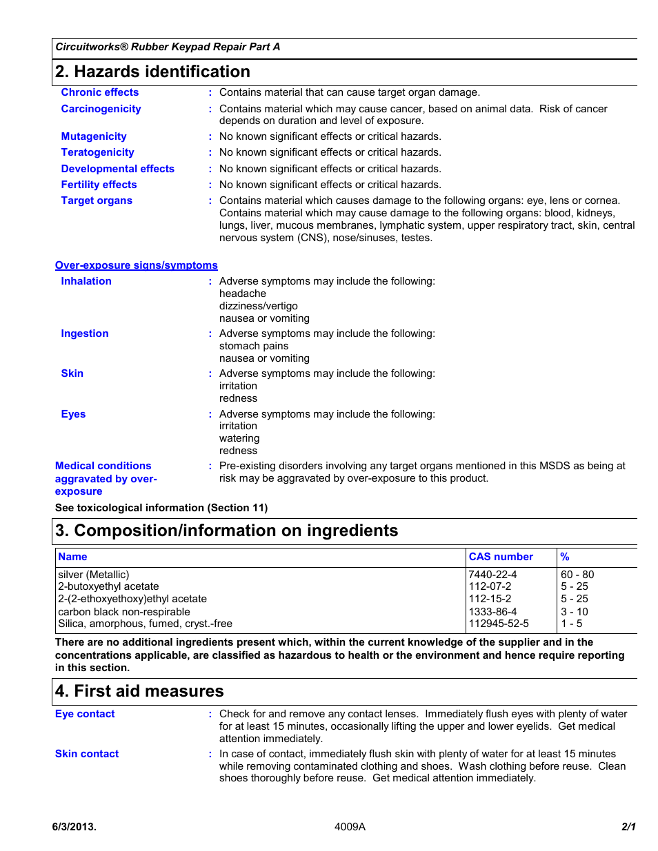 Hazards identification, Composition/information on ingredients, First aid measures | Chemtronics CircuitWorks® Rubber Keypad Repair Kit CW2605 User Manual | Page 2 / 11