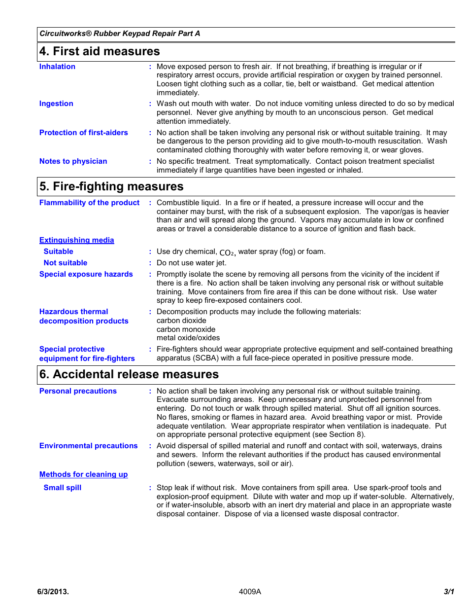 First aid measures, Fire-fighting measures, Accidental release measures | Chemtronics CircuitWorks® Rubber Keypad Repair Kit CW2605 User Manual | Page 3 / 11