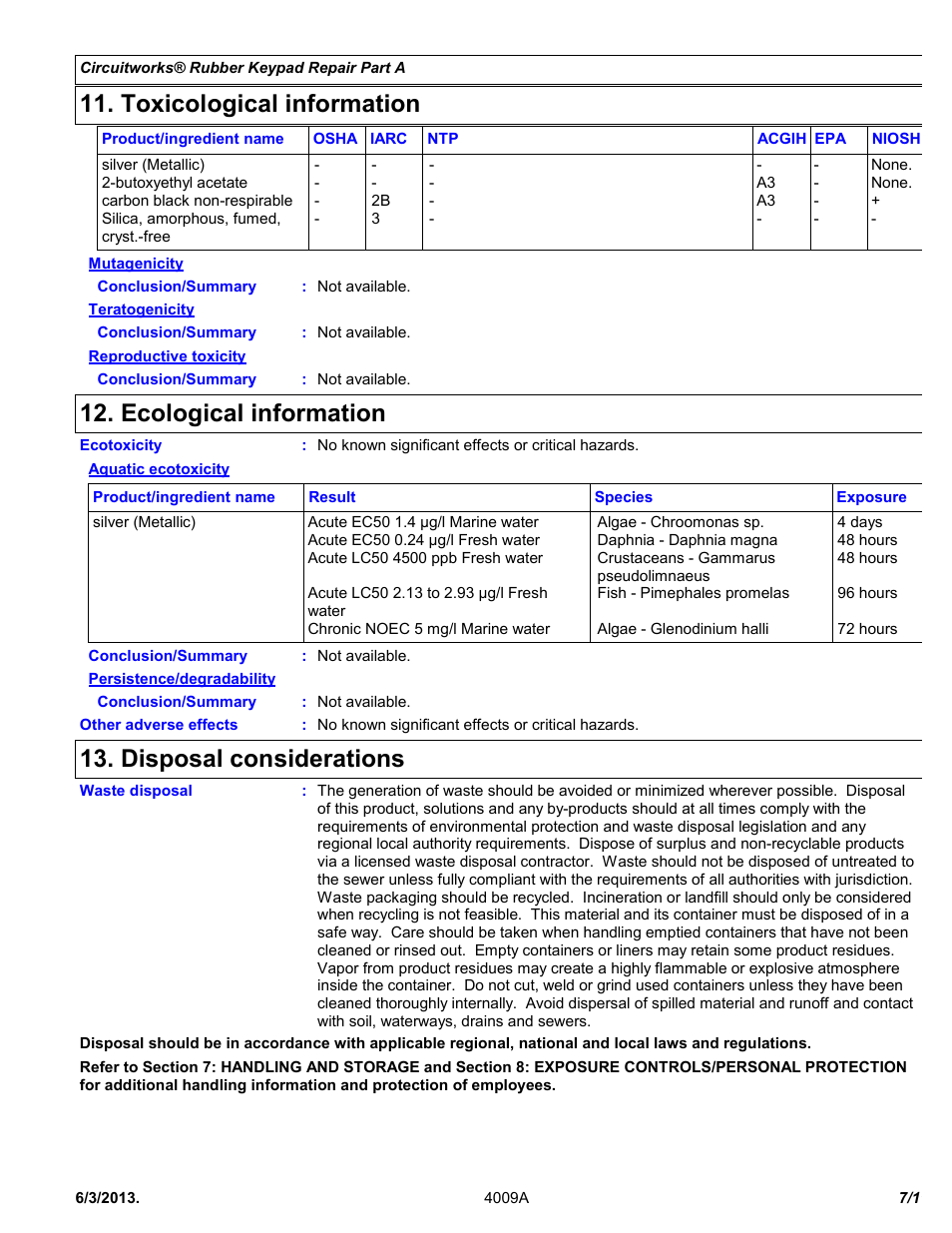 Toxicological information, Ecological information, Disposal considerations | Chemtronics CircuitWorks® Rubber Keypad Repair Kit CW2605 User Manual | Page 7 / 11