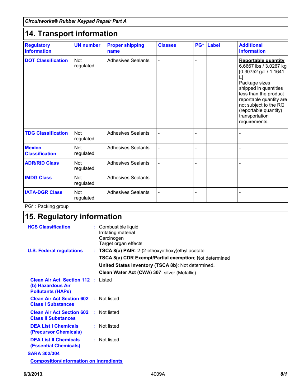 Transport information, Regulatory information | Chemtronics CircuitWorks® Rubber Keypad Repair Kit CW2605 User Manual | Page 8 / 11