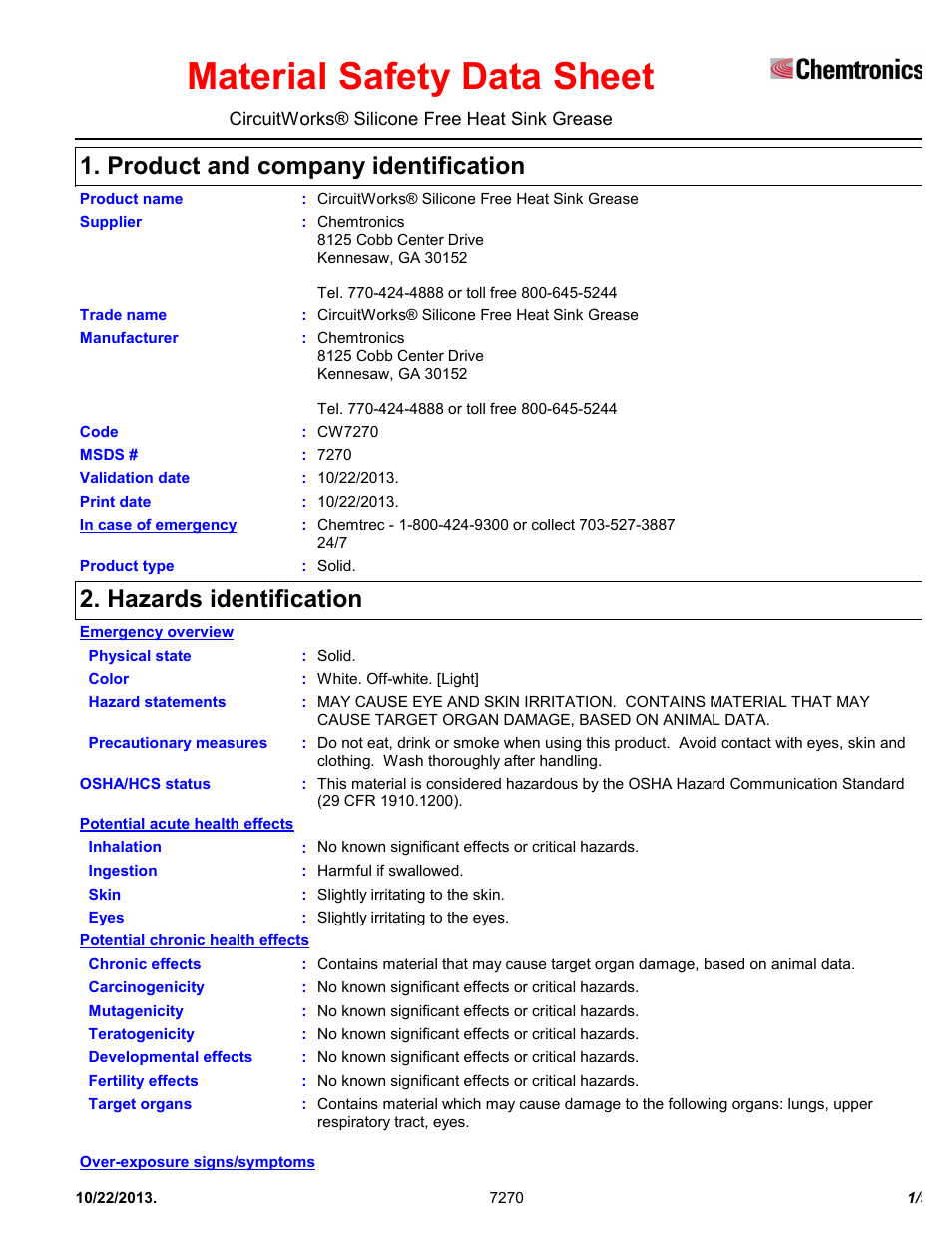 Chemtronics CircuitWorks® Silicone Free Heat Sink Grease CW7270 User Manual | 9 pages