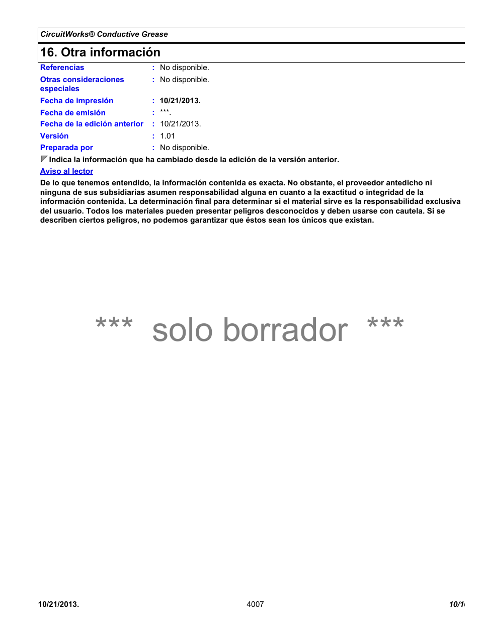 Solo borrador, Otra información | Chemtronics CircuitWorks® Silver Conductive Grease CW7100 User Manual | Page 10 / 10
