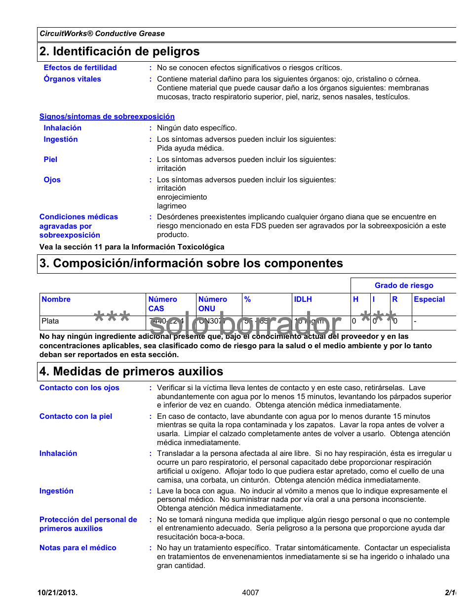 Solo borrador, Identificación de peligros, Composición/información sobre los componentes | Medidas de primeros auxilios | Chemtronics CircuitWorks® Silver Conductive Grease CW7100 User Manual | Page 2 / 10
